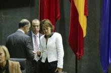 La Presidenta del Gobierno, Yolanda Barcina, con el portavoz de UPN, Carlos García Adanero, y el Presidente del Parlamento, Alberto Catalán